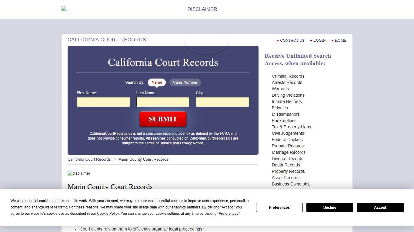 Marin County Court Records CaliforniaCourtRecords.us