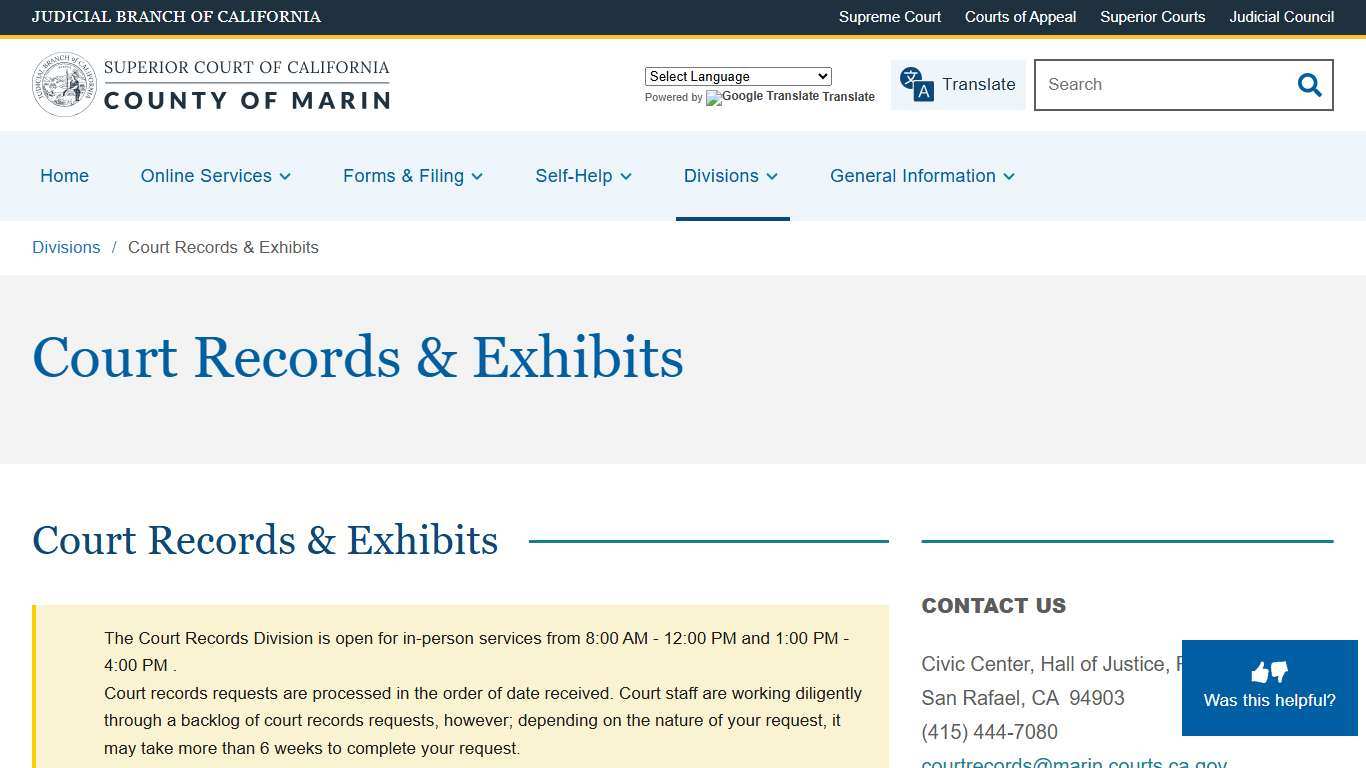 Court Records & Exhibits Superior Court of California County of Marin